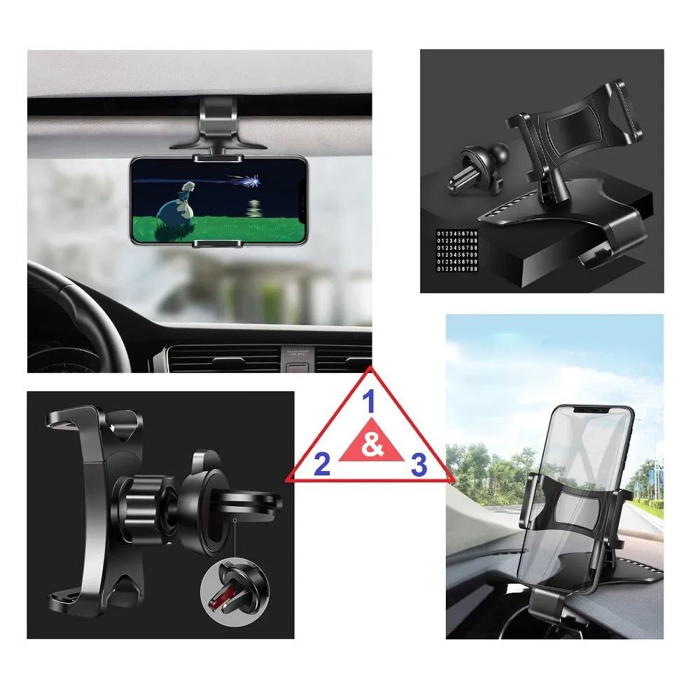 3 in 1 Car GPS Smartphone Holder: Dashboard / Visor Clamp   AC Grid Clip for Goclever Quantum 2 500 Rugged - Black