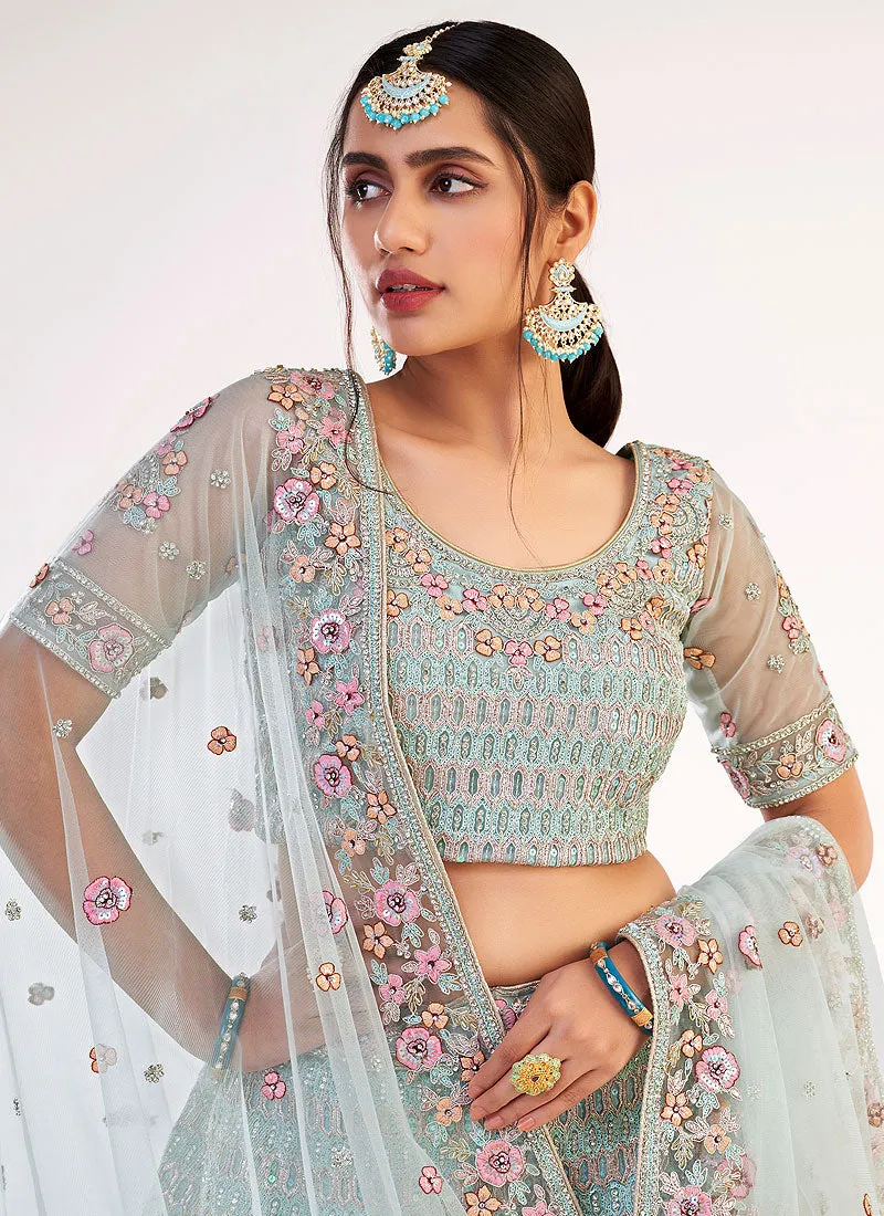 Blue Floral Sequence Embroidered Soft Net Wedding Lehenga Choli