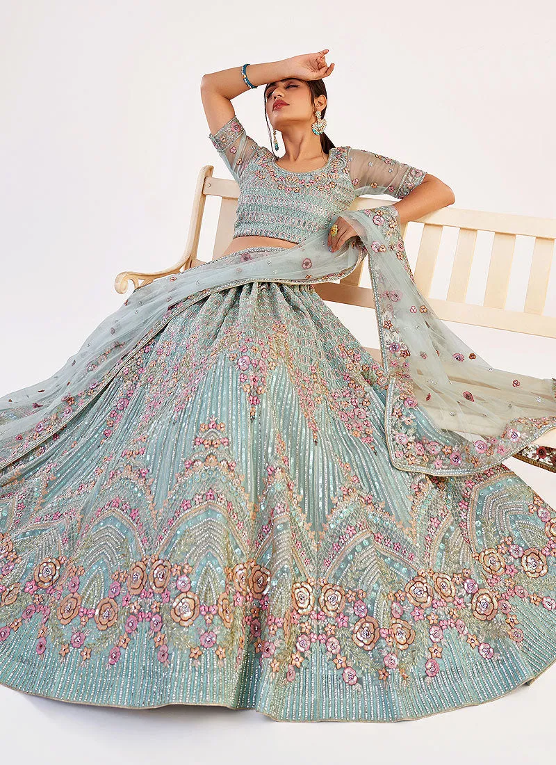 Blue Floral Sequence Embroidered Soft Net Wedding Lehenga Choli