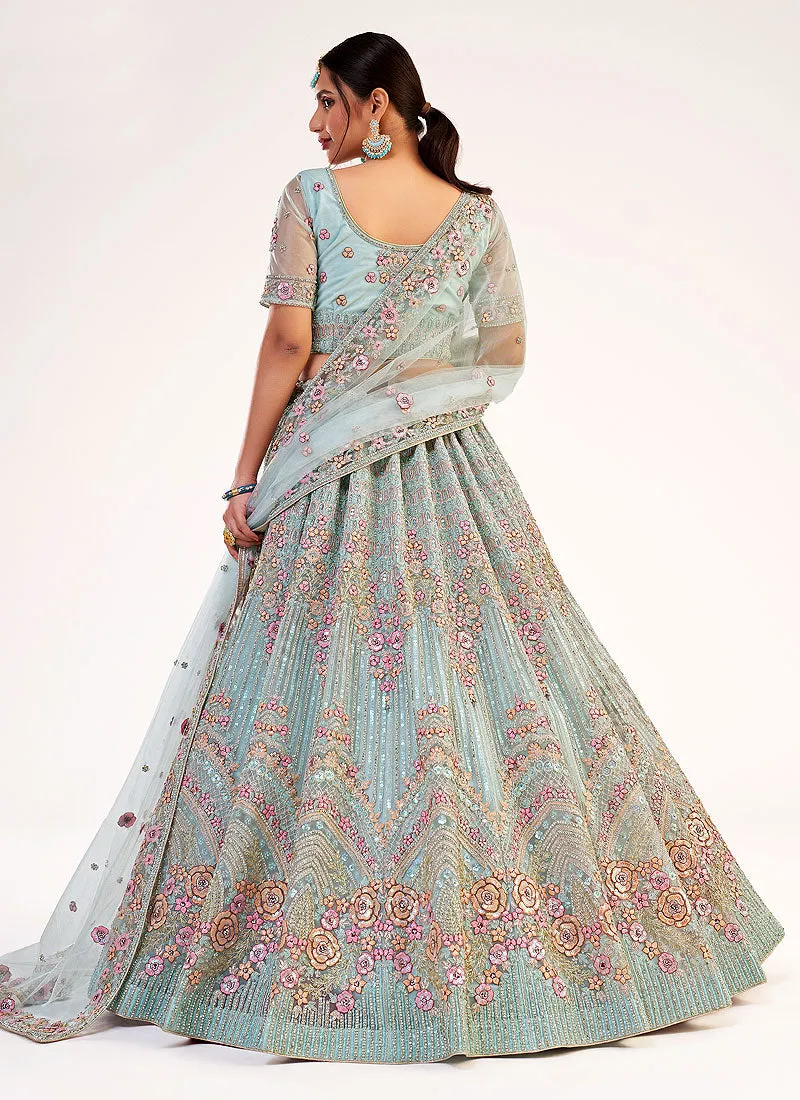 Blue Floral Sequence Embroidered Soft Net Wedding Lehenga Choli