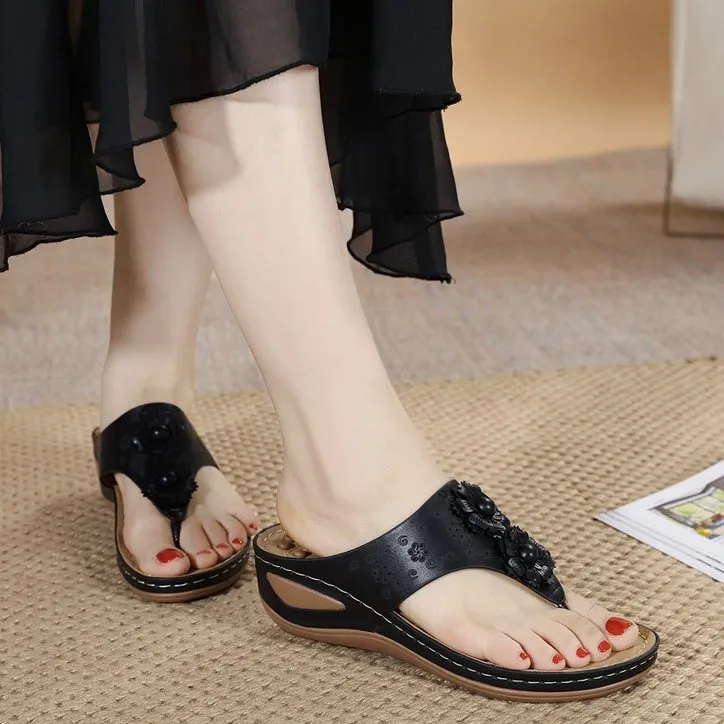 Cuzcare Summer Sandals For Women 3D-Flower Massage Insole Flip-flops