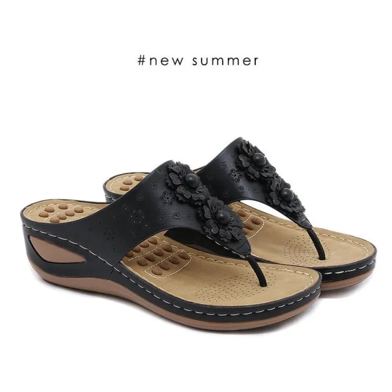 Cuzcare Summer Sandals For Women 3D-Flower Massage Insole Flip-flops