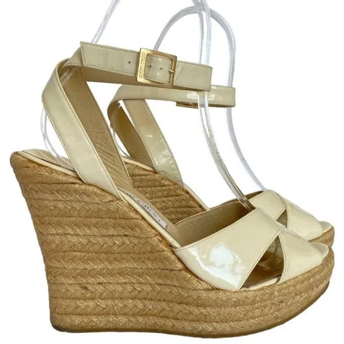 JIMMY CHOO Phoenix Espadrilles White Patent Leather Wedge Sandals, Size 41