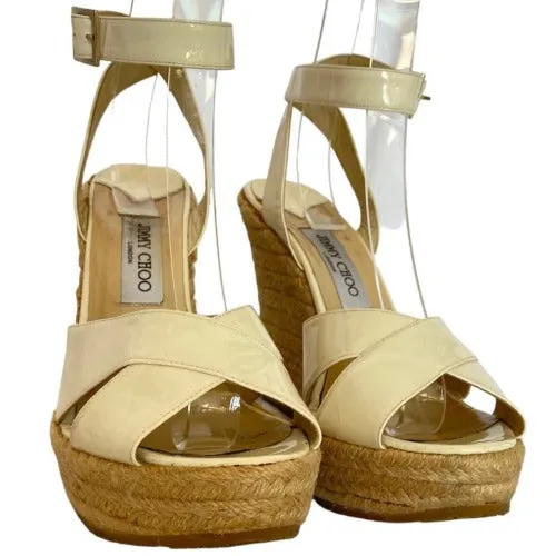 JIMMY CHOO Phoenix Espadrilles White Patent Leather Wedge Sandals, Size 41