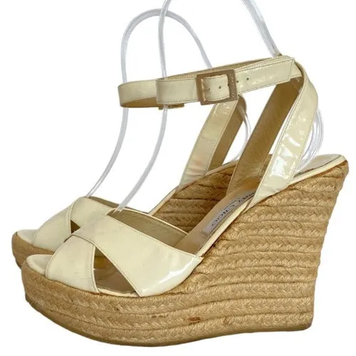 JIMMY CHOO Phoenix Espadrilles White Patent Leather Wedge Sandals, Size 41