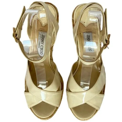 JIMMY CHOO Phoenix Espadrilles White Patent Leather Wedge Sandals, Size 41