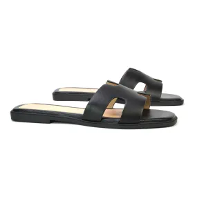 Leanna Cut Out Slip On Flat Sandals Sliders in Black