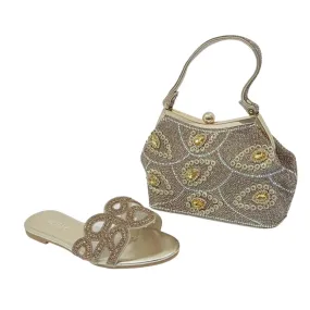 Mailee Net Rhinestone Flat Sandals and Peacock Feather Embellished Handbag Set